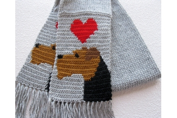 Airedale Terrier Scarf. Gray knit scarf with hearts and Lakeland or Welsh terrier dogs