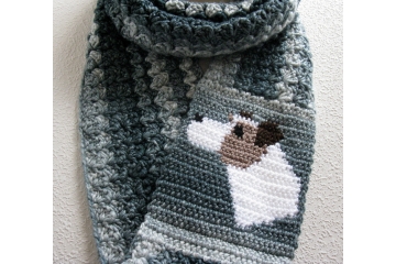 Dog infinity Scarf. Very long, denim blue striped infinity scarf with a Parsons Jack Russell Terrier