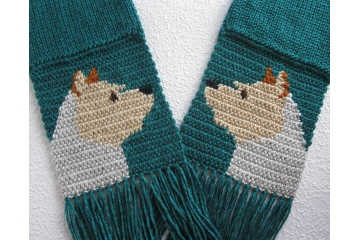 Silky Terrier Scarf. Teal, knitted scarf with Australian terrier dogs