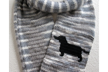Dachshund Infinity Scarf. Gray striped scarf with a black wiener dog.