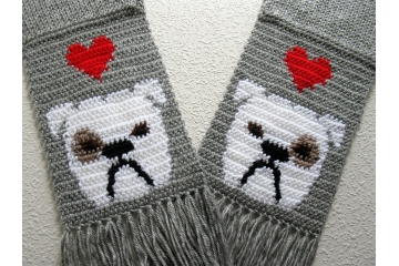 Bulldog Scarf. Gray knit scarf with white English bulldogs and red hearts Bulldog Scarf. Gray knit scarf with white English bulldogs and red hearts