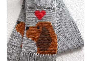 Bloodhound Scarf. Gray knit scarf with rust bloodhound dogs and hearts for big red dog lovers
