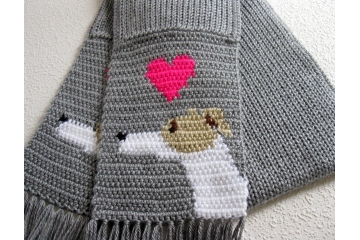 Gray Greyhound scarf. Knit and crochet scarf with Italian greyhound dogs and pink hearts