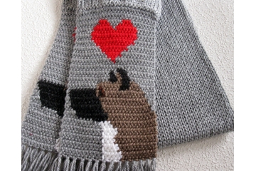 Akita Dog Scarf. Gray, crochet and knit scarf with red hearts and Japanese Akita dogs Akita Dog Scarf. Gray, crochet and knit scarf with red hearts and Japanese Akita dogs