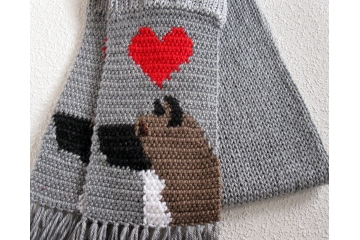 Akita Dog Scarf. Gray, crochet and knit scarf with red hearts and Japanese Akita dogs