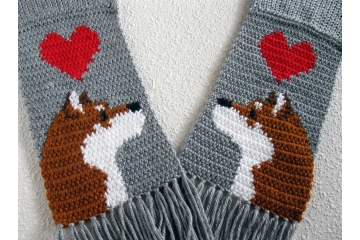 Shiba Inu Scarf. Grey, knit and crochet scarf with red hearts and Japan Akita dogs Shiba Inu Scarf. Grey, knit and crochet scarf with red hearts and Japan Akita dogs