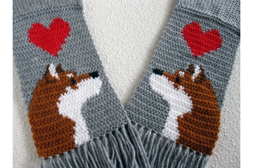 Shiba Inu Scarf. Grey, knit and crochet scarf with red hearts and Japan Akita dogs