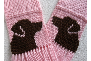 Labrador Retriever Scarf. Pink knit scarf with chocolate lab dogs for pet lovers