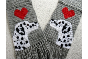 Dalmatian Scarf. Grey crochet scarf with large red hearts and black and white spotted dogs Dalmatian Scarf. Grey crochet scarf with large red hearts and black and white spotted dogs
