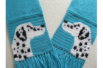 Dalmatian Scarf. Turquoise blue, crochet and knit scarf with black and white spotted dogs