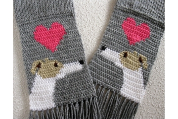 Greyhound dog gifts. Gray knit scarf with white and fawn whippets and pink hearts Greyhound dog gifts. Gray knit scarf with white and fawn whippets and pink hearts
