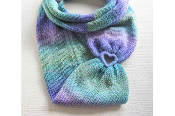 Handmade, colorful knit infinity scarf with a heart shape ring
