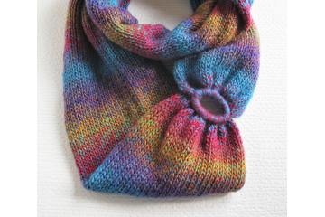 Handmade, colorful knit infinity scarf with an oval shape ring