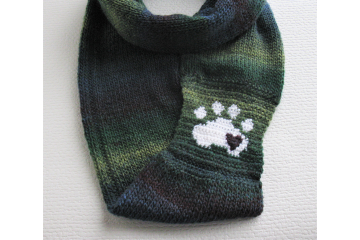 Paw Print Infinity Scarf. Colorful stripes knitted circle cowl with a white paw print and small burgundy heart.