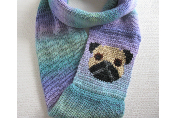 Pug infinity scarf.  Colorful stripes, circle cowl with a black and tan pug dog