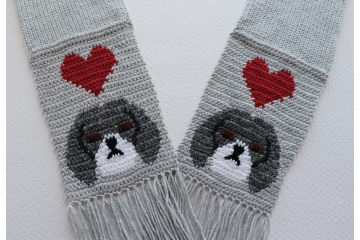 Shih Tzu Scarf. Gray knitted scarf with red hearts and gray and white dogs