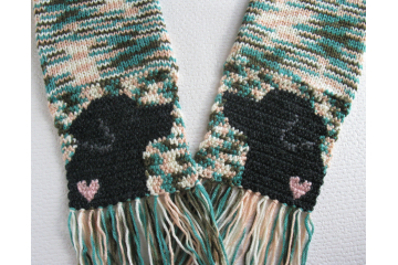 Labrador Retriever Scarf. Multicolor, knit and crochet scarf with small pink hearts and charcoal black lab dogs