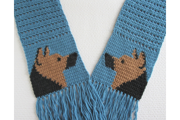 German Shepherd Scarf. Blue crochet scarf with fawn and black Belgian Malinois dogs