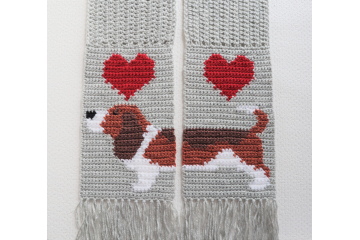 Basset Hound Scarf. Grey scarf with red hearts and a tricolor Basset dog
