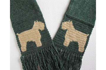 Bouvier des Flandres scarf. Forest green,  knitted and crochet scarf with fawn Bouvier dogs