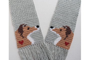 Collie Dog Scarf.  Handmade, gray crochet scarf with rough coated Shetland Sheepdogs Collie Dog Scarf.  Handmade, gray crochet scarf with rough coated Shetland Sheepdogs