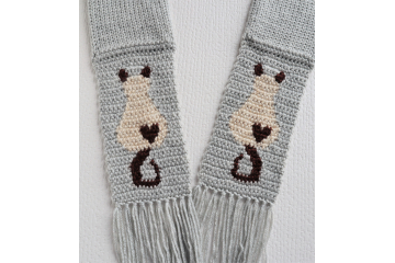 Knit Siamese Cat Scarf. Gray with cream and brown Himalayan kitty cats and small hearts.