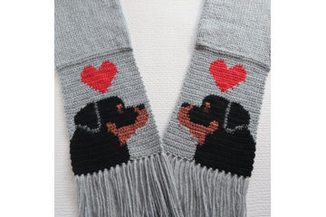Gray Rottweiler Scarf. Knit scarf for pet lovers with red hearts and black dogs