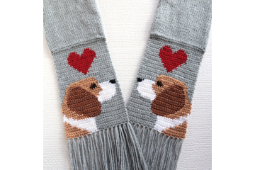 Beagle Dog Scarf. Handmade, gray knit and crochet scarf with hearts and hound dogs Beagle Dog Scarf. Handmade, gray knit and crochet scarf with hearts and hound dogs