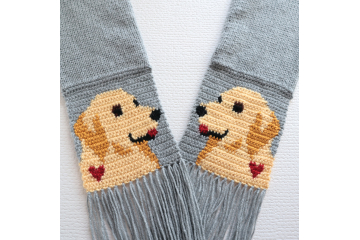 Golden Retriever Scarf. Gray knitted scarf with yellow dogs and small red hearts Golden Retriever Scarf. Gray knitted scarf with yellow dogs and small red hearts