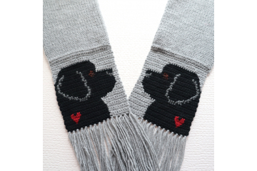 Newfoundland Dog scarf. Handmade, gray scarf with black dogs and small red hearts. Newfoundland Dog scarf. Handmade, gray scarf with black dogs and small red hearts.