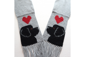 Handmade Newfoundland Dog scarf. Handmade, gray scarf with black dogs and red hearts. Handmade Newfoundland Dog scarf. Handmade, gray scarf with black dogs and red hearts.