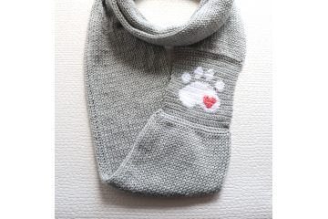Paw Print Infinity Scarf. Silver gray color knitted circle cowl with a white paw print and small coral heart.
