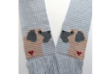 Mastiff Dog Scarf.  Handmade, gray crochet scarf with Mastiff dogs and small red hearts