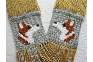 Corgi Dog Scarf. Yellow and gray knit scarf with Welsh corgi dogs. Corgi Dog Scarf. Yellow and gray knit scarf with Welsh corgi dogs.