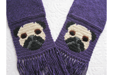 Pug dog scarf.  Royal purple, knit scarf with black and tan pugs Pug dog scarf.  Royal purple, knit scarf with black and tan pugs