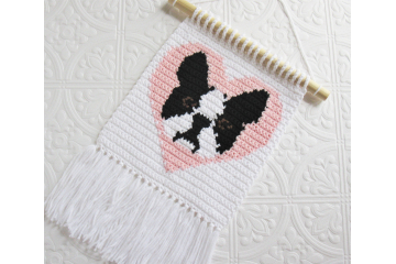 Boston Terrier wall art. Crochet wall hanging with a black and white dog and pink heart