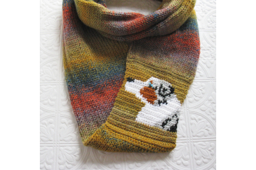 Australian Shepherd Infinity Scarf. Multicolored knit scarf with a blue Merle Aussie dog